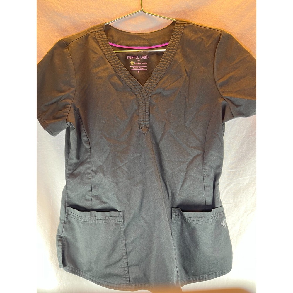 Healing Hands Purple Label Womens Scrub Top Black Size Small V-Neck